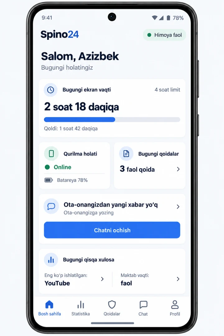 Spino24 Android ilovasining bola uchun bosh sahifasi